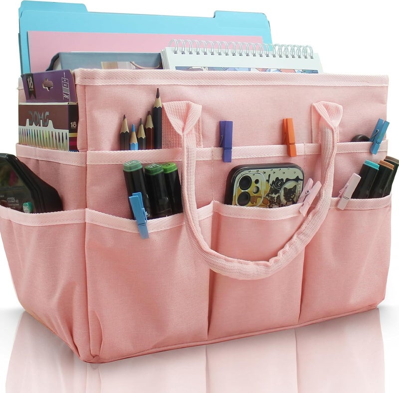 Cupohus Art Organizer Craft Storage Tote Bag with Pockets and Handles, Oxford Fabric Carrying Caddy for Teacher, Officer, Artist, Traveler, and more –Pink - Image 1